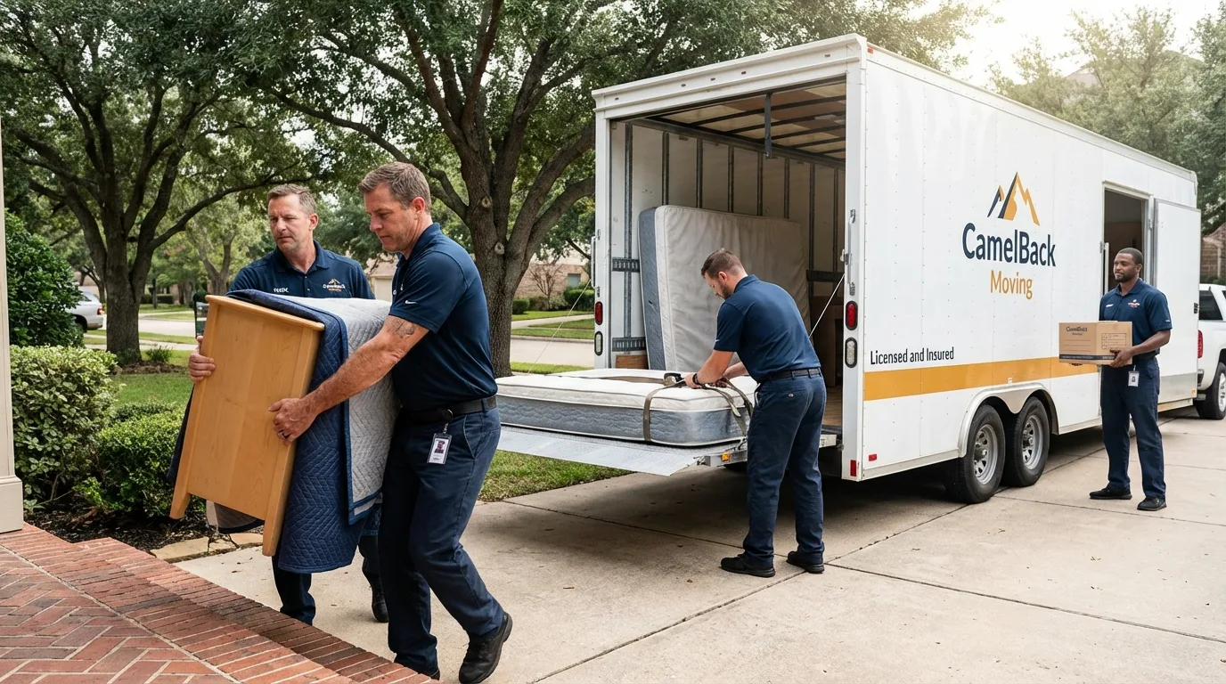 Crew loading residential truck for cross-state move from Peosta, IA