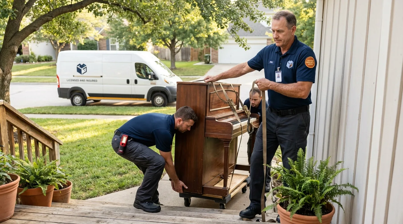 Licensed piano movers securing grand piano in Peosta, IA