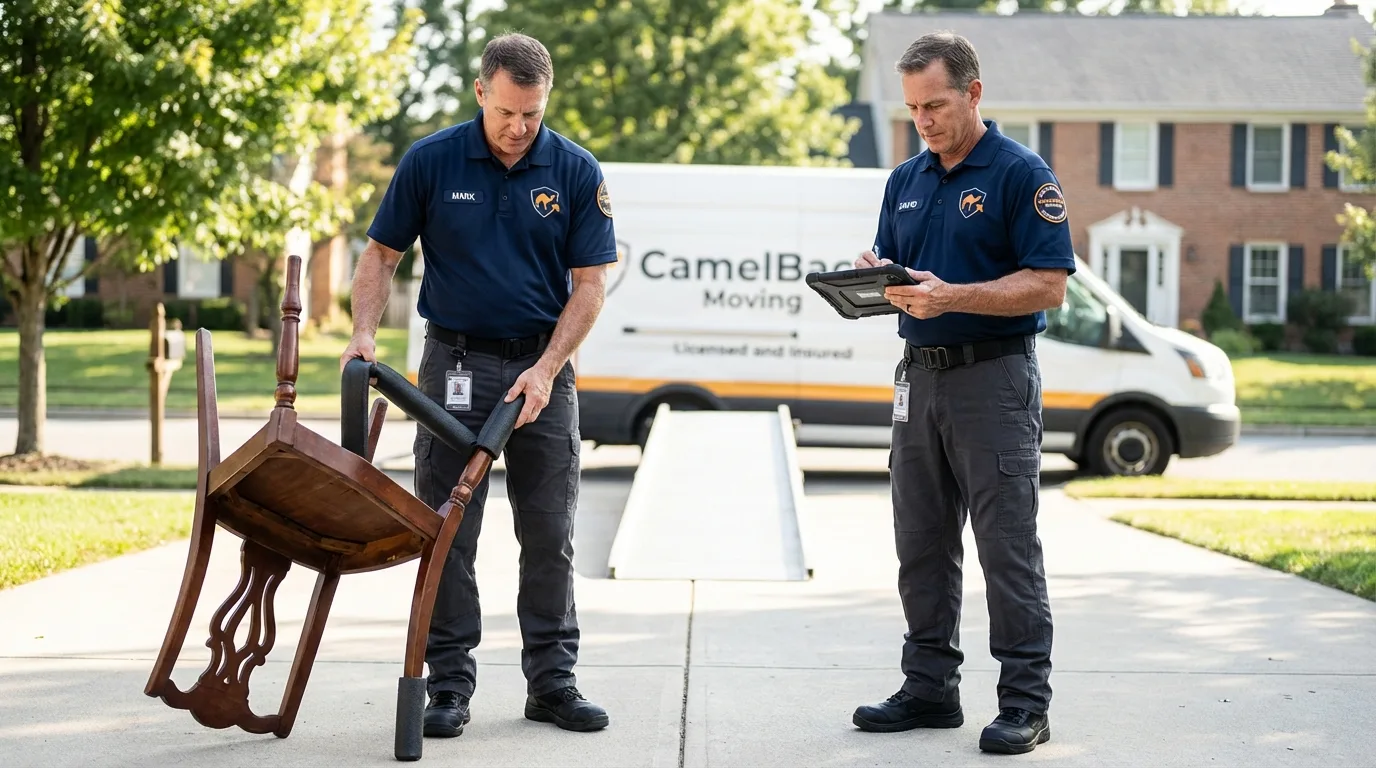 Movers inspecting furniture for damage prevention before loading in Peosta, IA