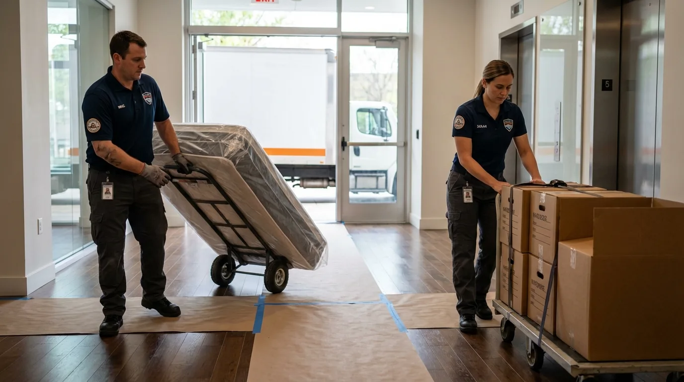 Professional apartment movers loading elevator in Peosta, IA