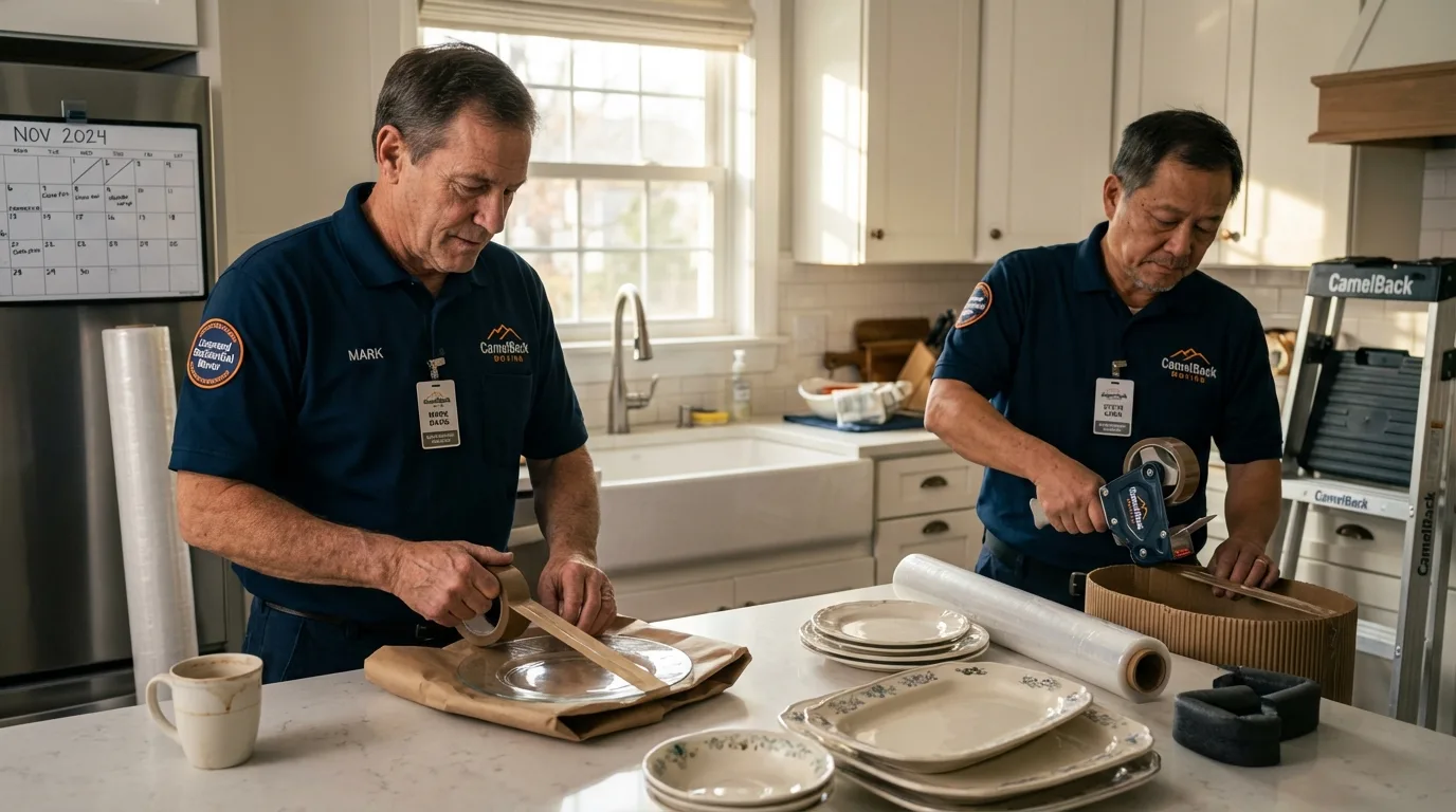 Professional crew packing kitchen dishware in Peosta, IA